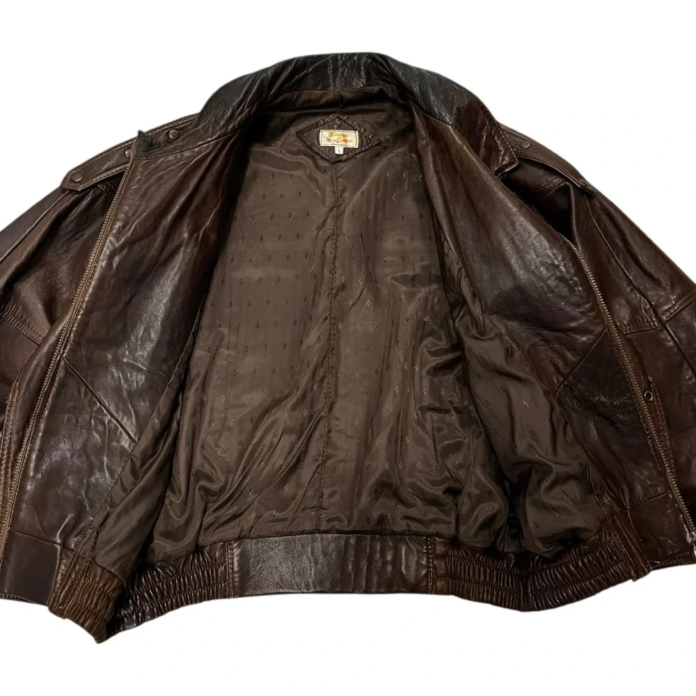 VTG 80s BOMBER Leather Aviator Flight Jacket Lined Men’s Large Vintage